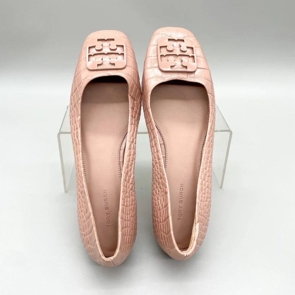 Tory Burch Georgia Ballet Flats Womens 9.5M Pink Croc Leather Square Toe Preppy